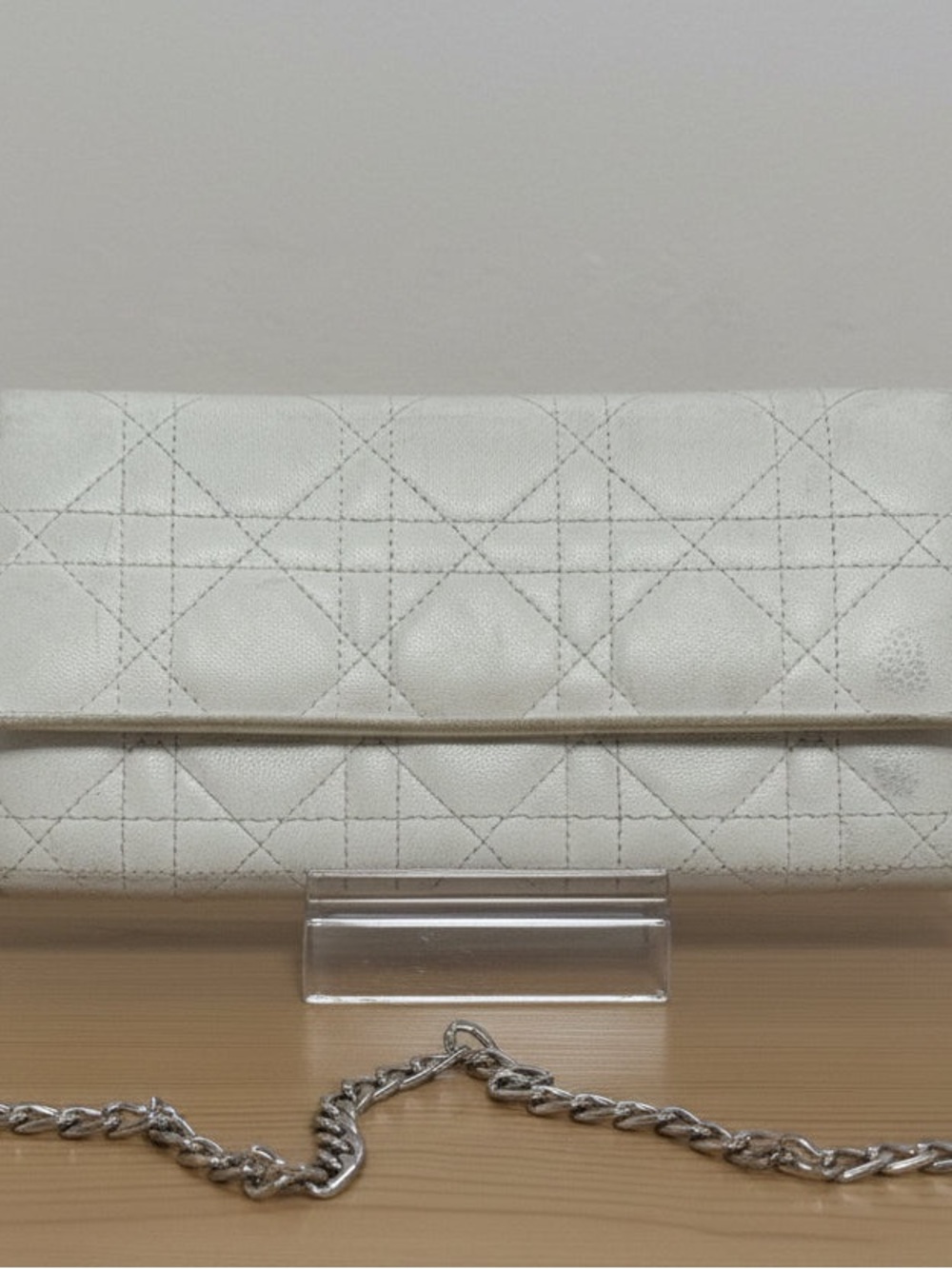Dior Cannage Lady Dior Off White Leather Wallet with Chain